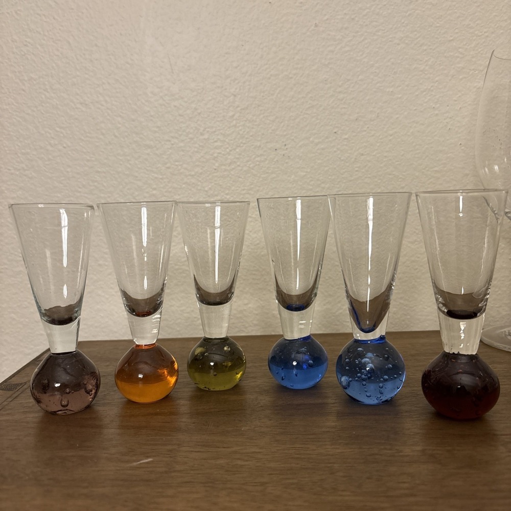 Vintage Colored Glass Ball Base Shot Glasses - Set‎ of 6